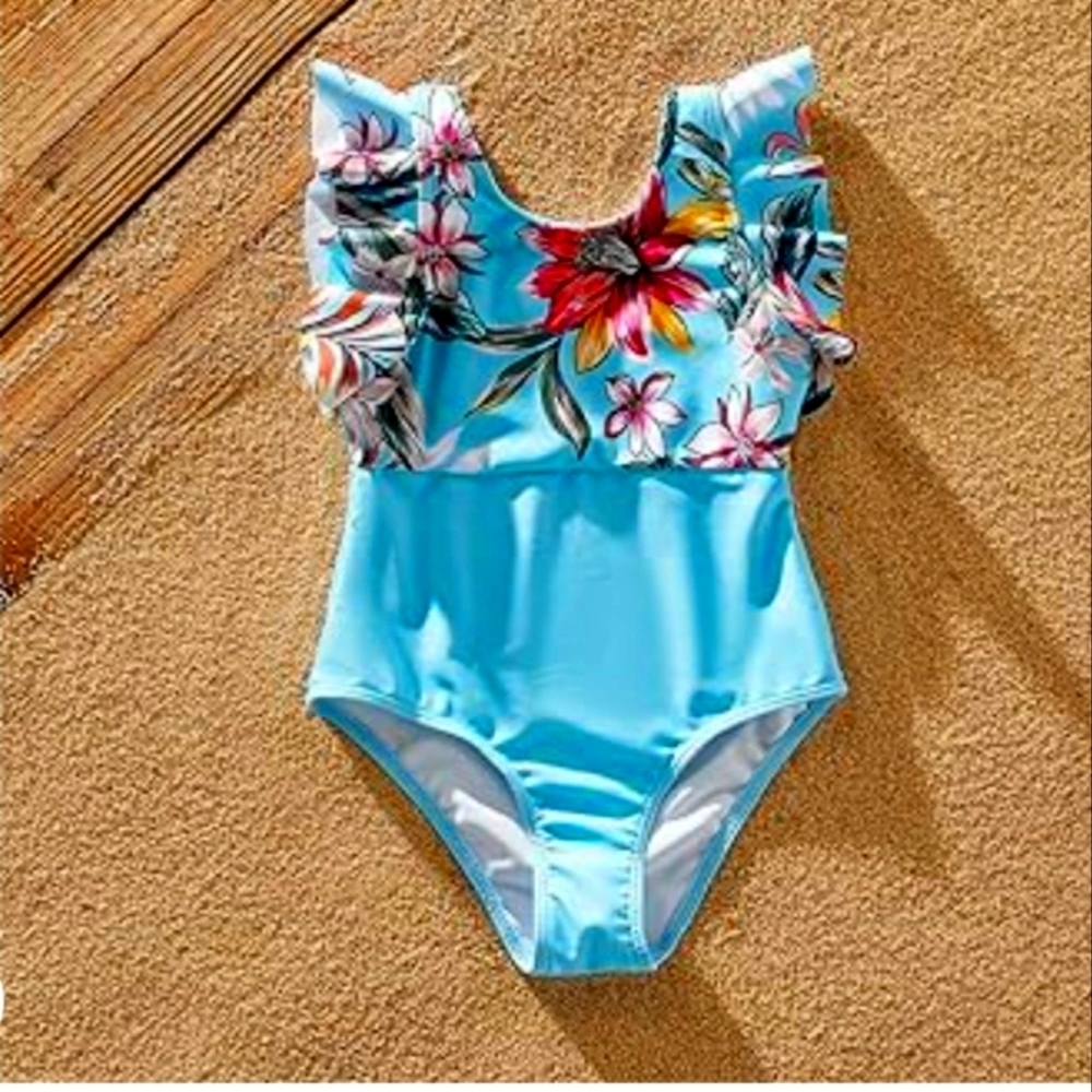 Ruffled Tropical Print/Blue one piece 3-4‎ years old